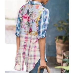 Soft Surroundings Women's Serena Embroidered Plaid Floral Button Down Shirt